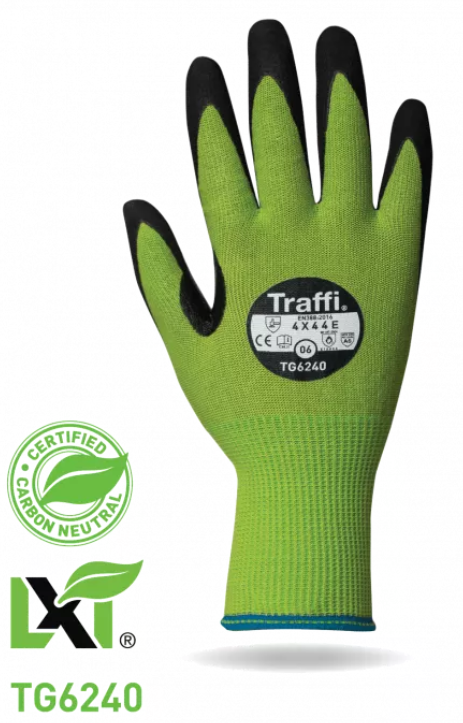 Traffi® TG6240 LXT® Carbon Neutral MicroDex Nitrile Coated 15-gauge seamless knit green A5 Cut Safety Work Gloves with touchscreen function